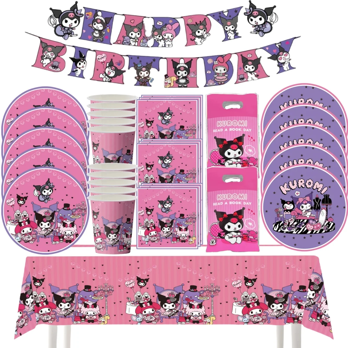 

20pepole Kuromi Disposable Tableware Set Birthday Party Decoration Kuromi Plate Tablecloth Baby Shower Girls Gift Party Supplies