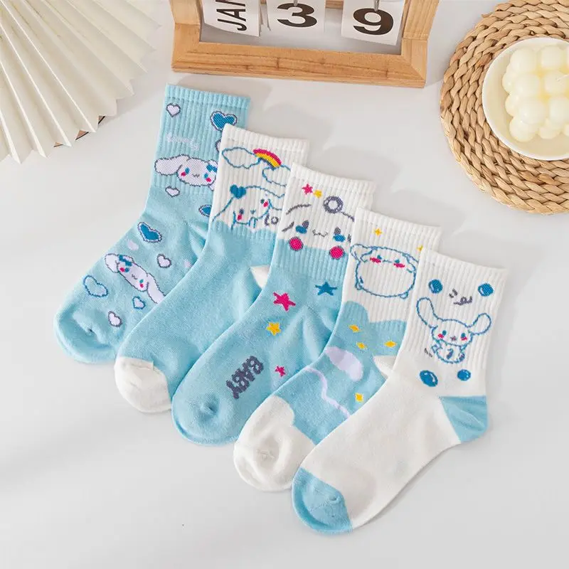 5 Pairs Cartoon Kawaii Cinnamoroll Kids Socks Anime Sanrio Tube Socks Student Socks Girls Socks Set Cotton Birthday Gift