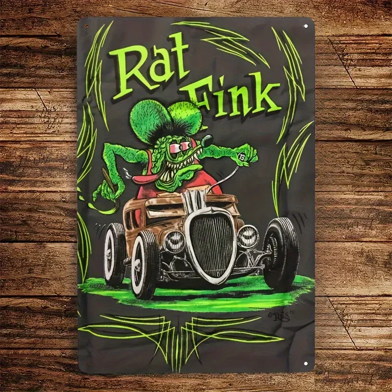 Vintage Rat Fink Iron Sign Classic Hot Rod Character Wall Art for Bar, Garage Pre-Drilled Wall Hanging Metal Plaque