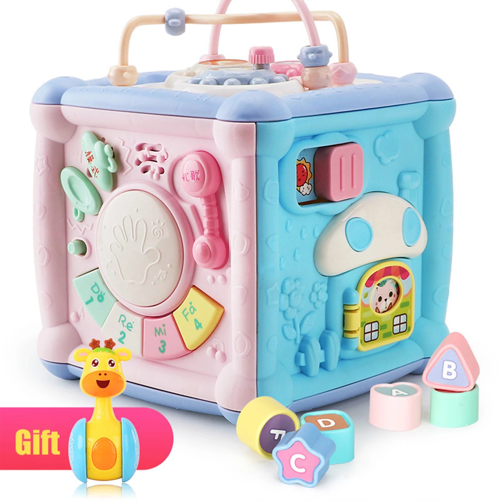 DIY Blocks Easy Operation Treasure Box Toy with Telephone Drum Music Light Toy Birthday Gift for 1-3 Year Old Kids