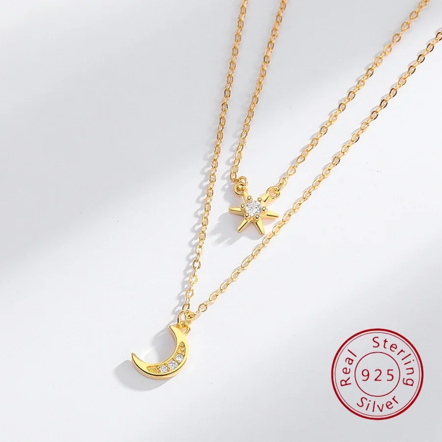 

Оригинальное двухслойное ожерелье из стерлингового серебра 925 пробы со сверкающими бриллиантами и звездным луной, нишевая женская цепочка на ключицу