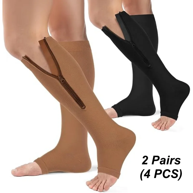 2 Pairs Zipper Compression Socks Women Men 20-30 mmHg Knee High Compression stocking Open Toe Support Socks for Swelling, Travel