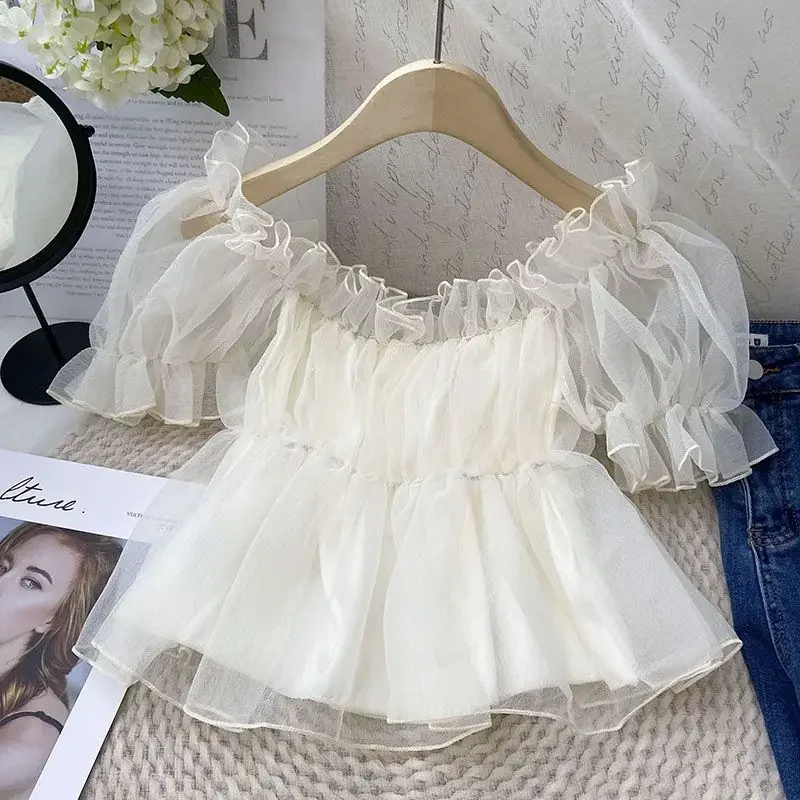 Slash Neck Off Shoulder 2024 Woman Shirts Blouses Short Sleeve Blusas Korean Moda Ropa Mujer Ruffles Camisas Women Clothing