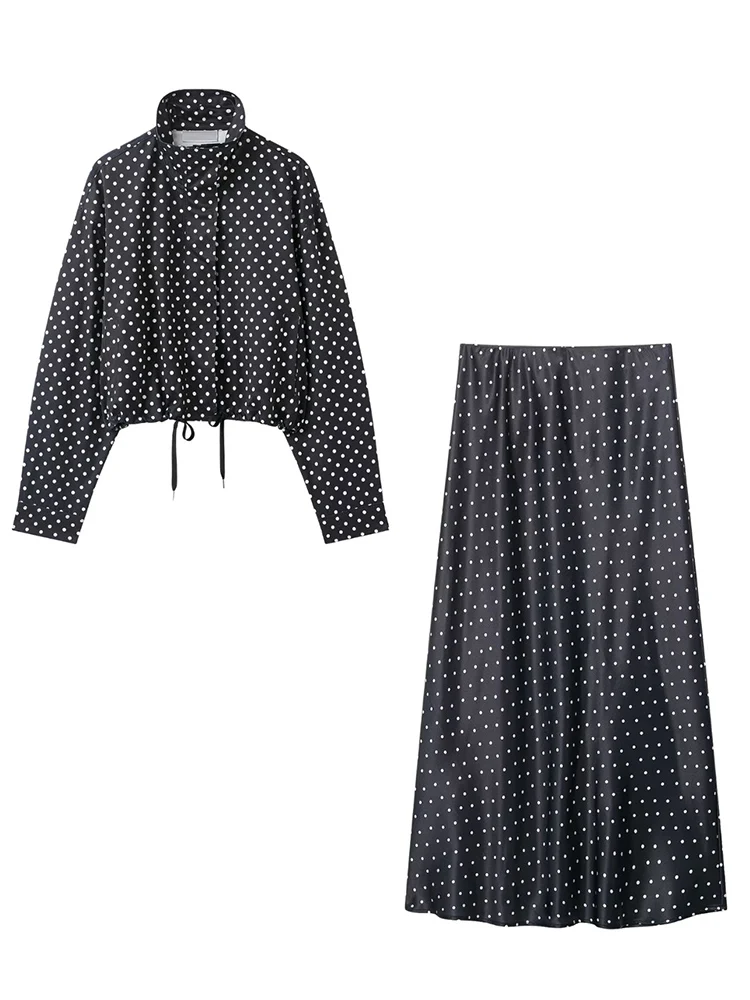 HH Elegant Spring Women Polka Dot Jacket Skirts Suits 2026 Stand Collar Cropped Jacket+Satin High Waist Midi Skirt 2-Piece Set view 5