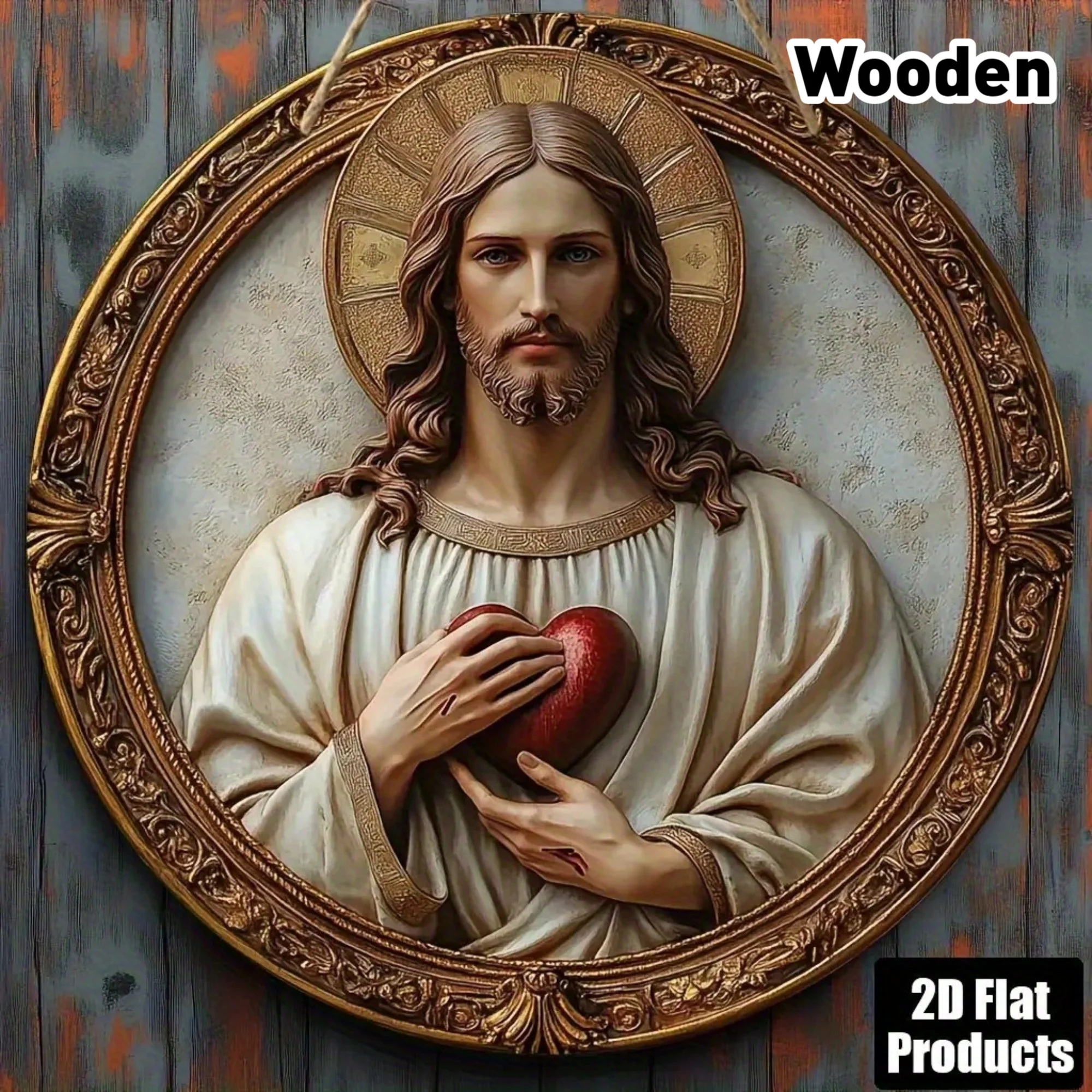 2D Flach, 1 Stück, Runde Holztafel Dekorative Malerei Schild Heiliges Herz Thema, Geeignet für Bar Küche Café Wohnzimmer