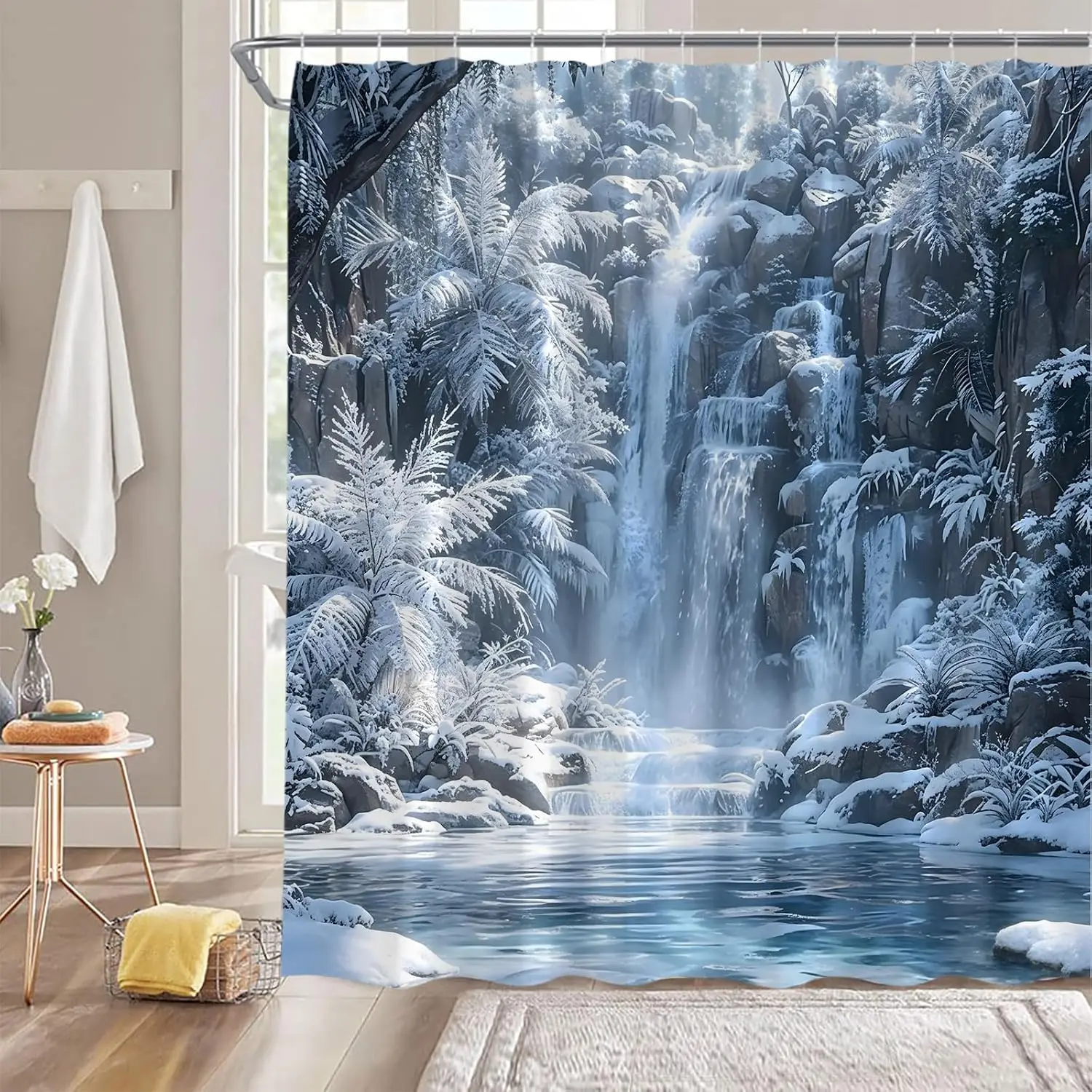 Aesthetic Snowy Waterfall Shower Curtain Nature Forest Scene Bathroom Decor Winter Spa Curtain