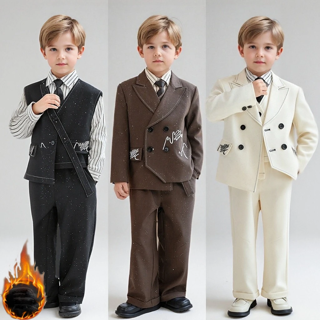 

Boys Wedding Suit Set Winter Fleece Warm Shiny Stage Show Tuxedo Kids Birthday Party Outfits Flower Kids Performance Formal Wear