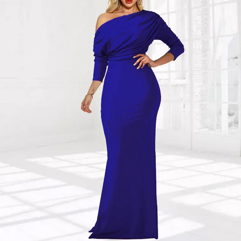 2023 New Elegant Banquet Women Summer Club Sexy One Shoulder Long Sleeve Casual Slim Split Long Party Dress Vestidos Cottagecore