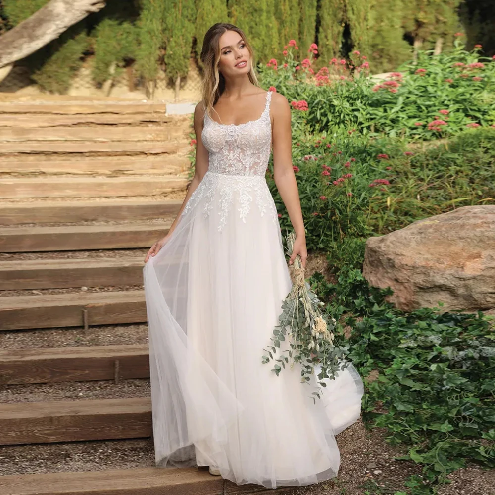 Colletto quadrato spalline per Spaghetti abiti da sposa con pizzo senza maniche 2024 estate morbida Tulkle abiti da sposa Vestido De Novia nuovo