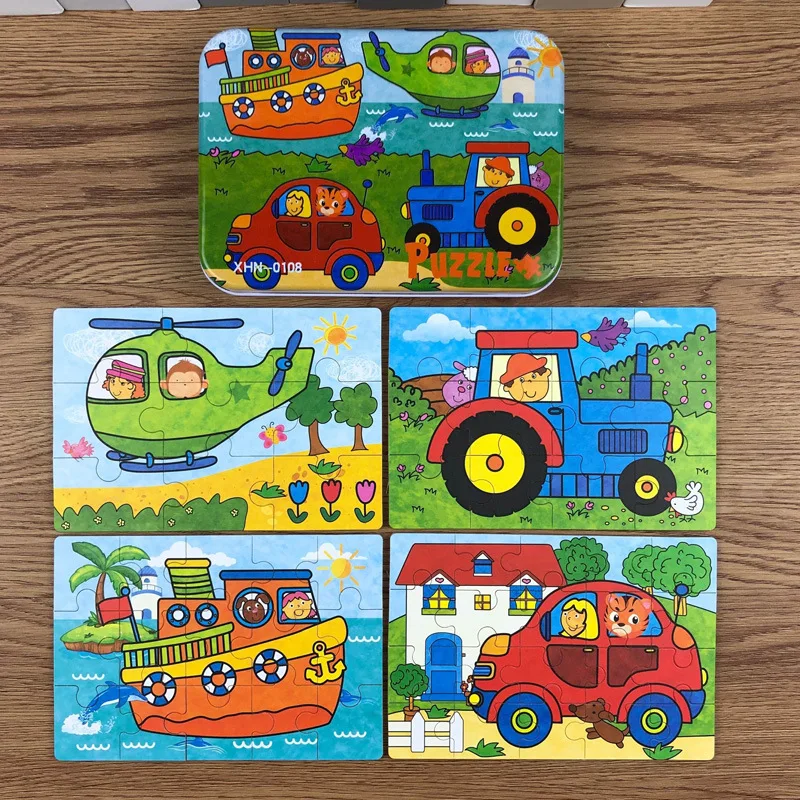 

9/12/15/20pcs Children Wooden Iron Box Jigsaw Animal Car Early Education Puzzle Children Baby Jigsaw kids Toy Wooden Puzzle