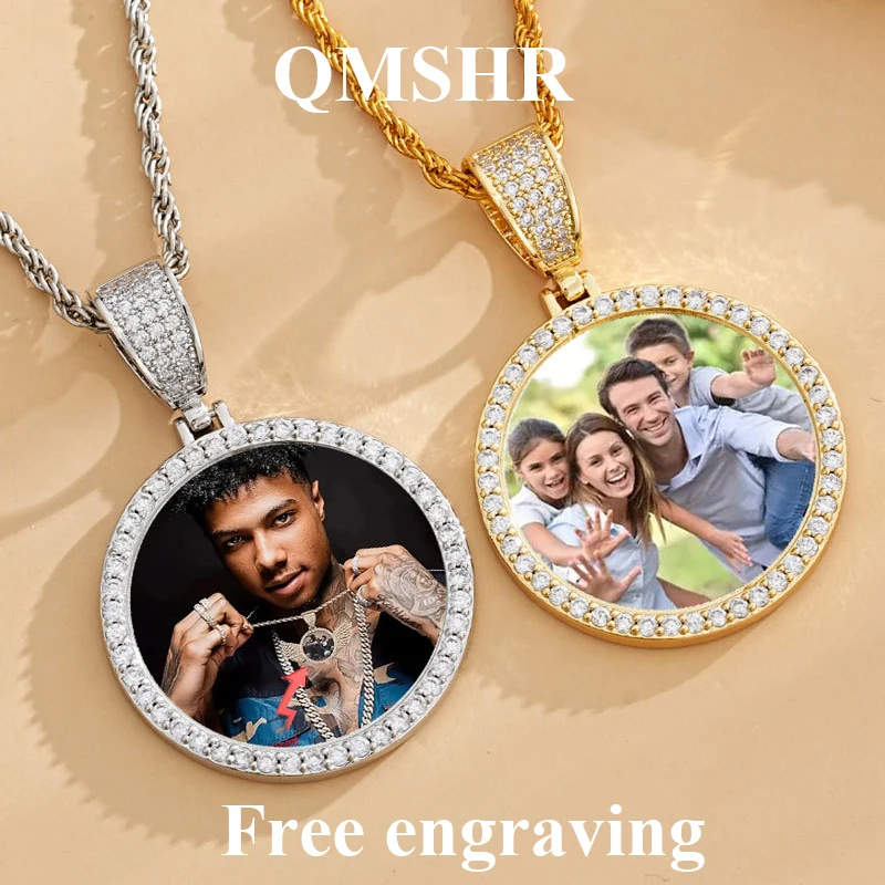 

QMSHR Hip Hop Jewelry Bling CZ Memorial Picture Frames Necklace Personalization PhotoCustom 35MM Circle Medallions Pendant