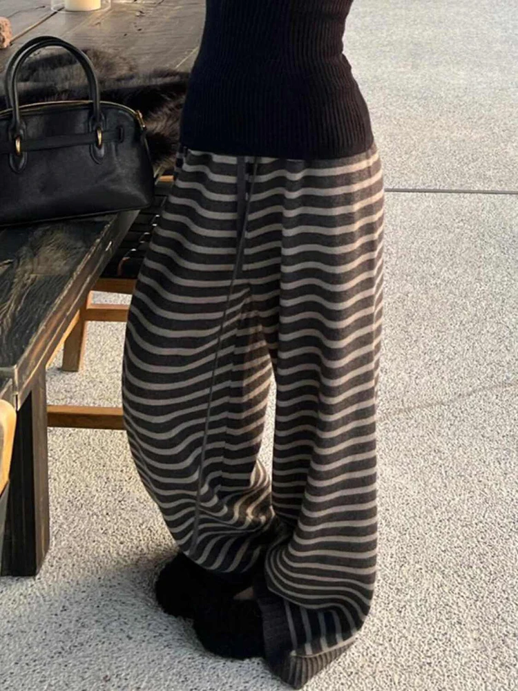 レディースカジュアルストライプパンツ ヴィンテージルーズルーズルーズストリートウェアストレートトラウザーズ 韓国風ハイウエストレトロワイドレッグパンツ