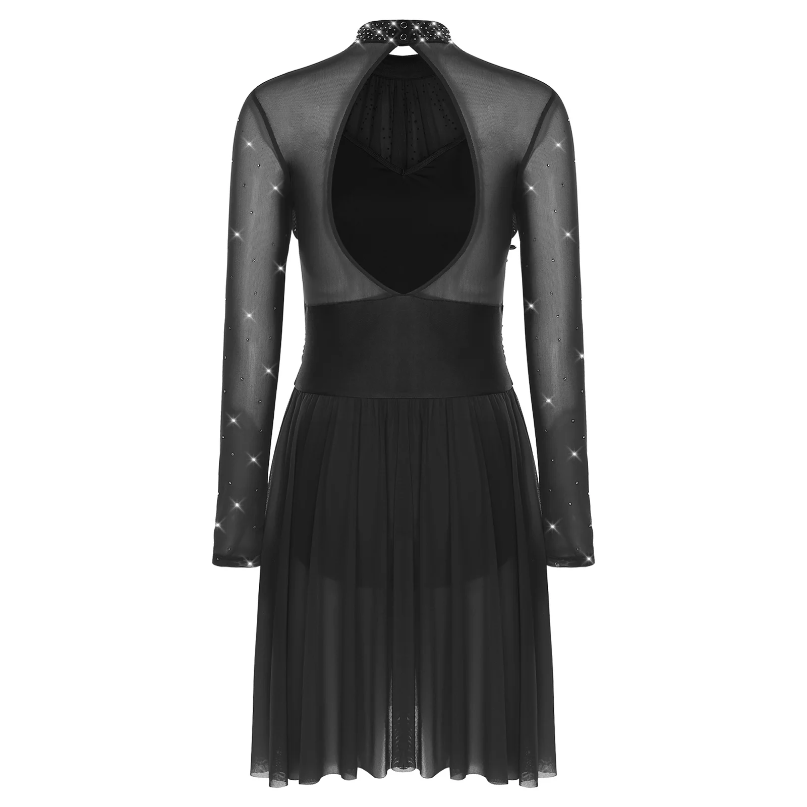 Robe de danse moderne lyrique pour femmes, broderie avec des appliques de strass, manches longues, justaucorps de gymnastique pour spectacle de patinage artistique