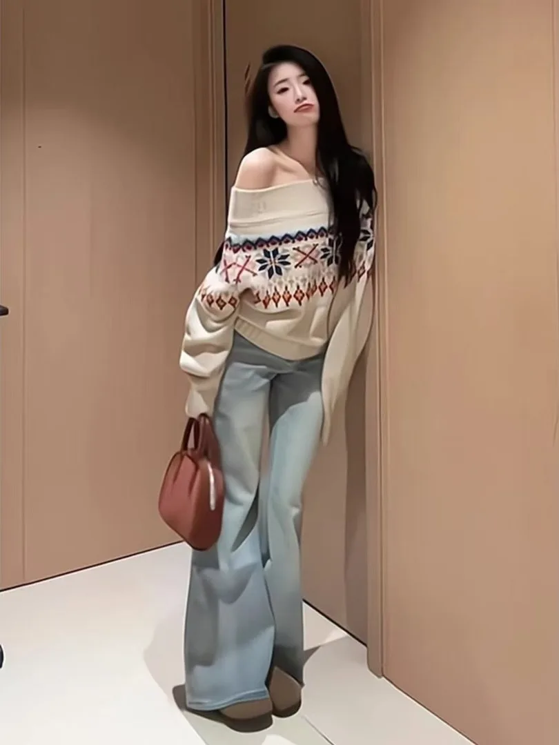 레트로 페어 아일 니트 써미 니들 가을 겨울 스웨터 루즈핏 여성 오프숄더 디자인 롱 슬리브 크루넥 탑