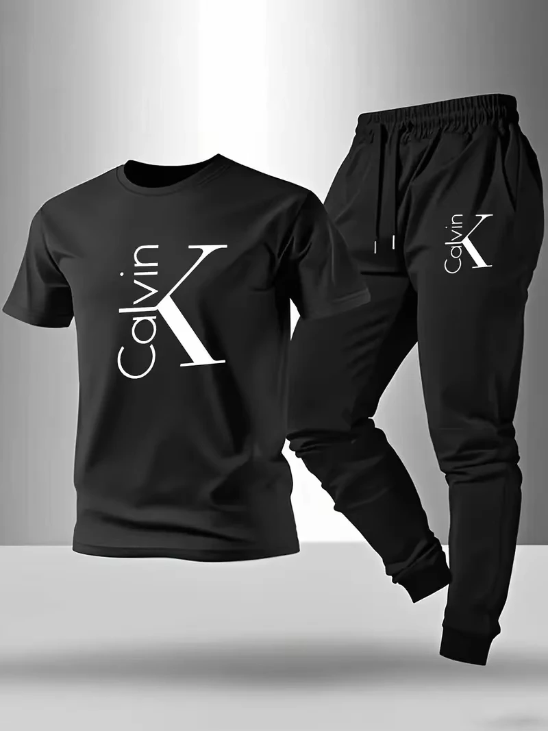

Letter-printed casual sports outfit for men summer stylish loose-fit long pants in a trendy two-piece set men's complete outfit