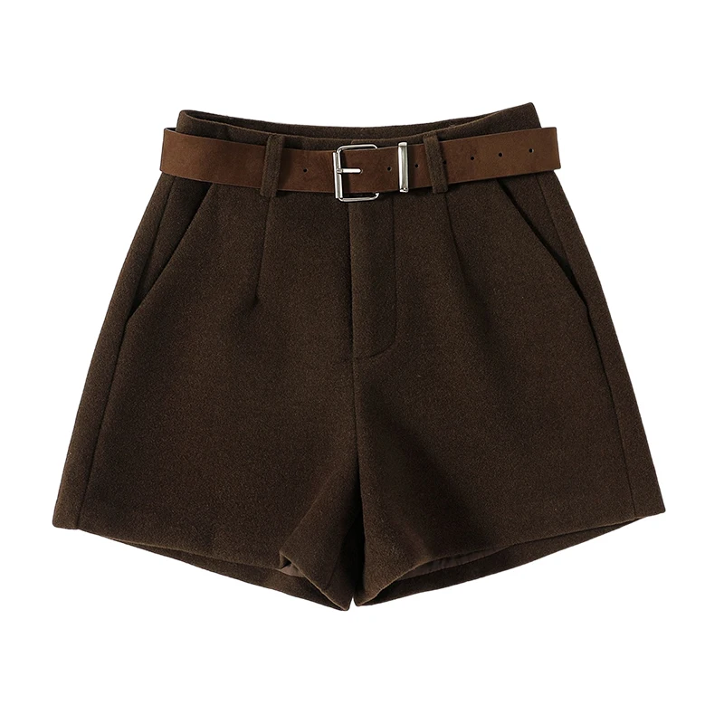 High End Grey Woolen Fabric Shorts for Women Autumn Winter High Waist A-line Wide Leg Pants with Belt Zipper Casual Leggings