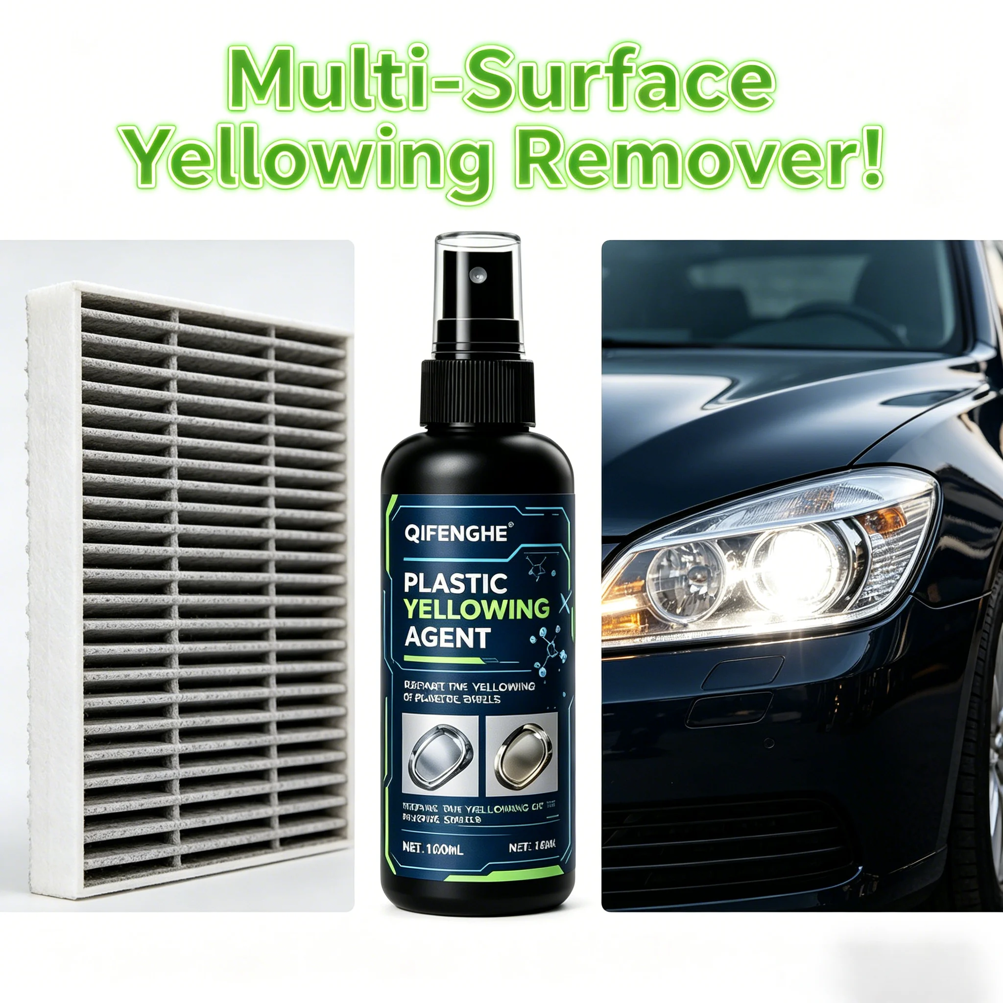 100ml Multi-Surface Plastic Yellowing Remover Spray, Restores Car & Home Plastic