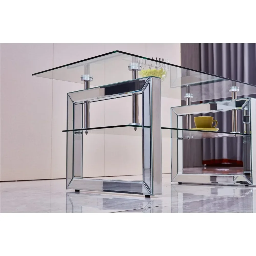 Glass Coffee Table, Modern Coffee Tables with Lower Shelf and Mirrored Legs for Living Room, Home Office, Coffee Table