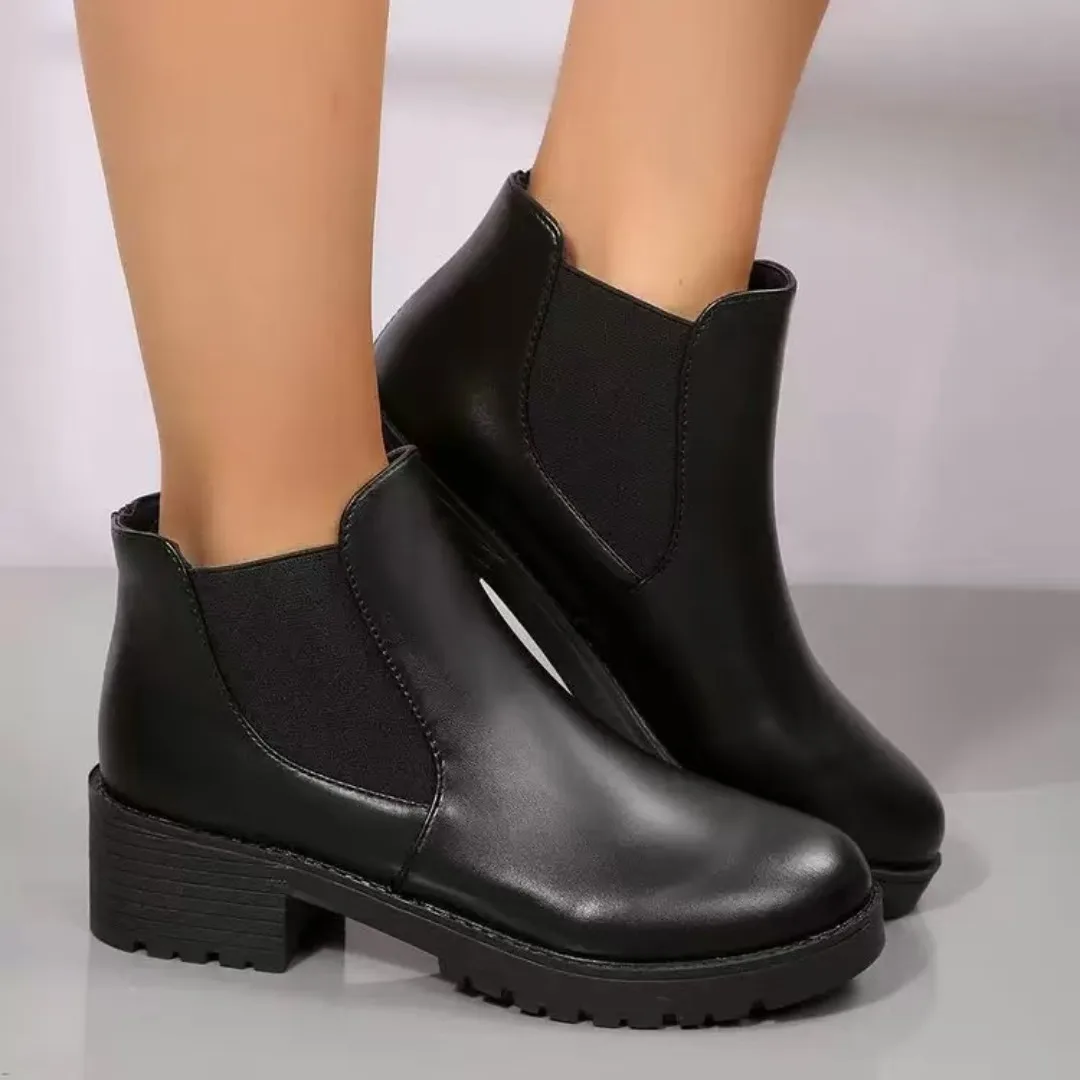 أحذية تشيلسي سوداء عالية الارتفاع للسيدات للخريف والشتاء، أحذية مارتن كاجوال ومريحة، أحذية قصيرة مرنة