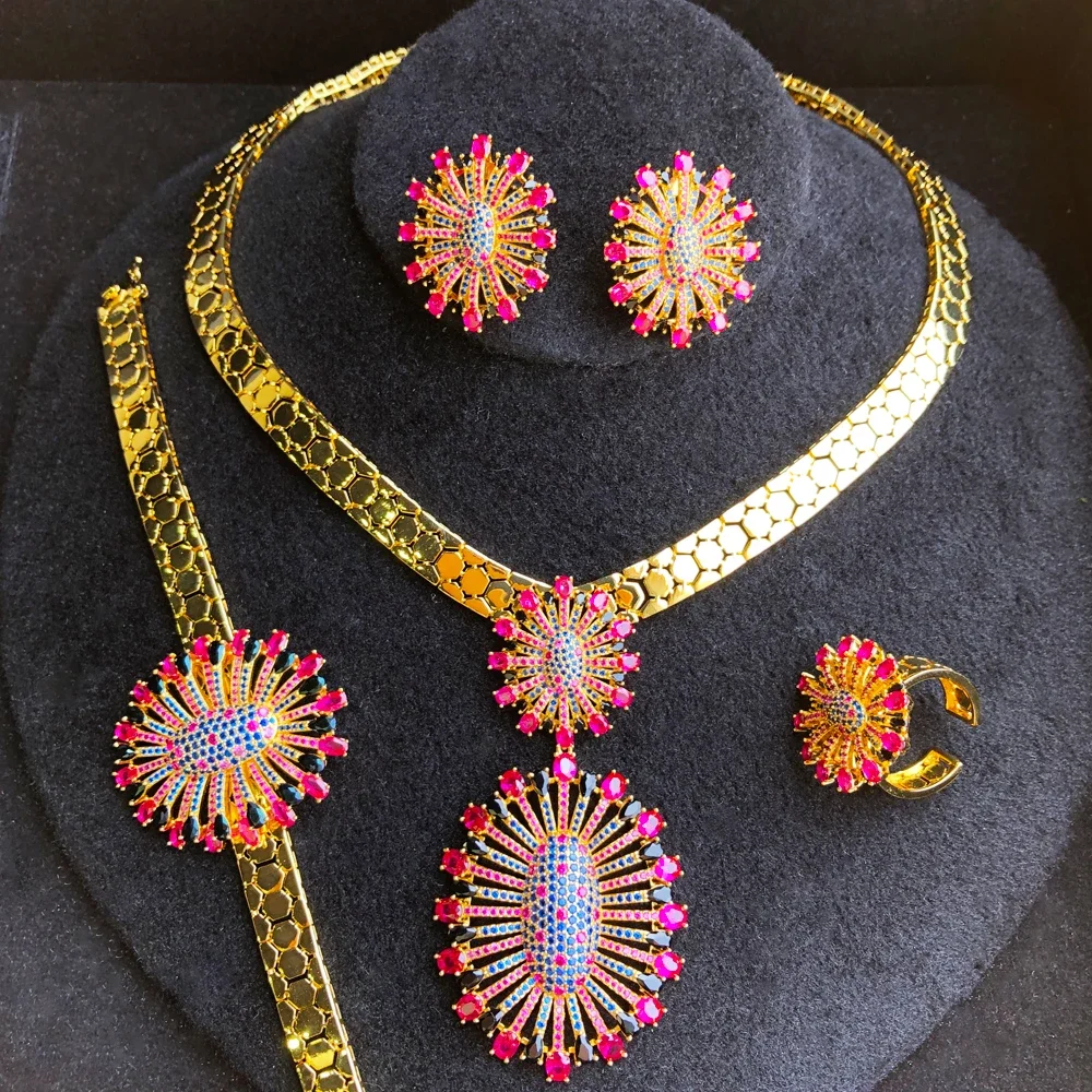 

Soramoore NEW Gorgeous Luxury 4PCS Necklace Bracelet Earrings Ring For Women Wedding Bridal Jewelry Set Gift High Quality
