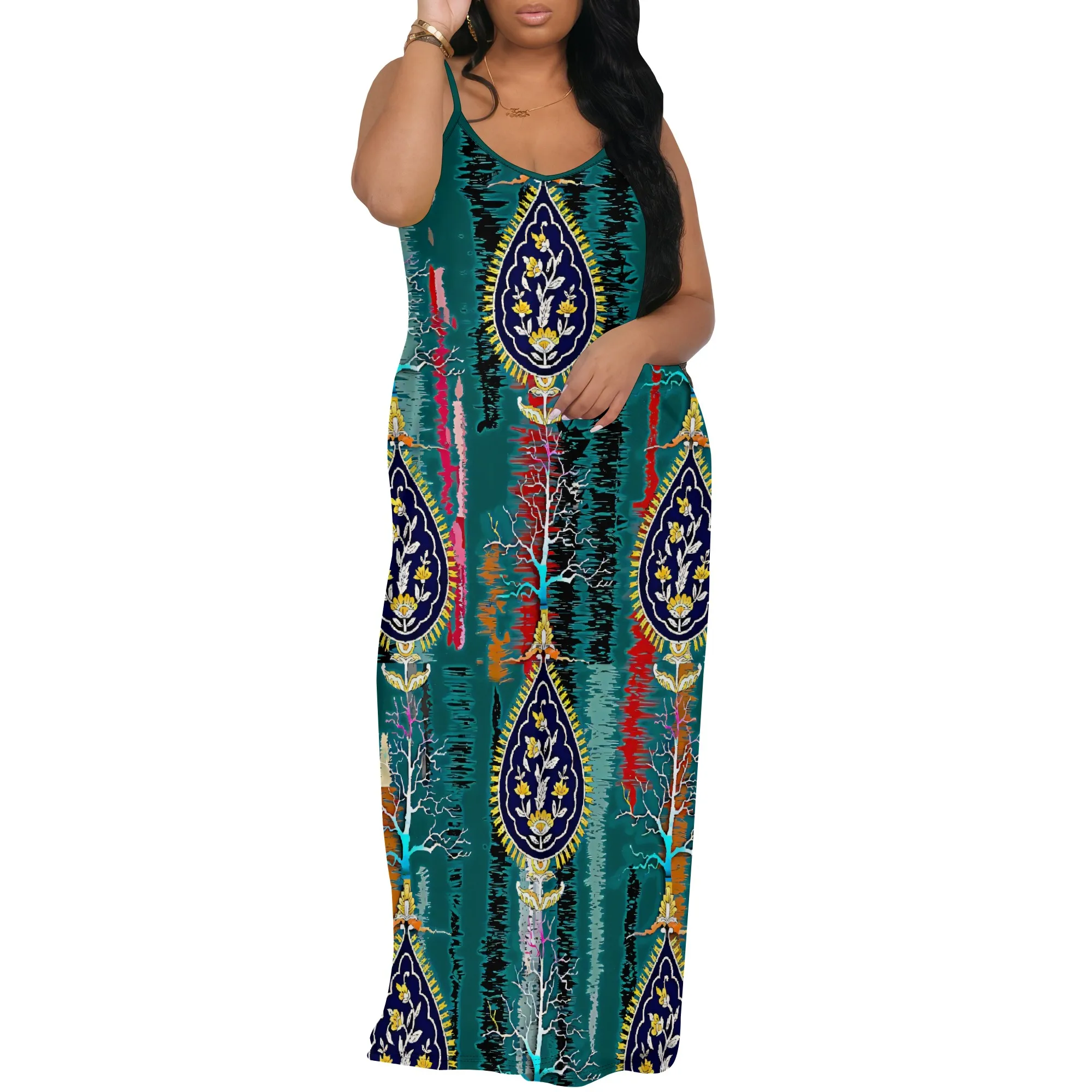 Abito lungo Nupusa di taglia standard Abito con cinturino per spaghetti con stampa geometrica floreale