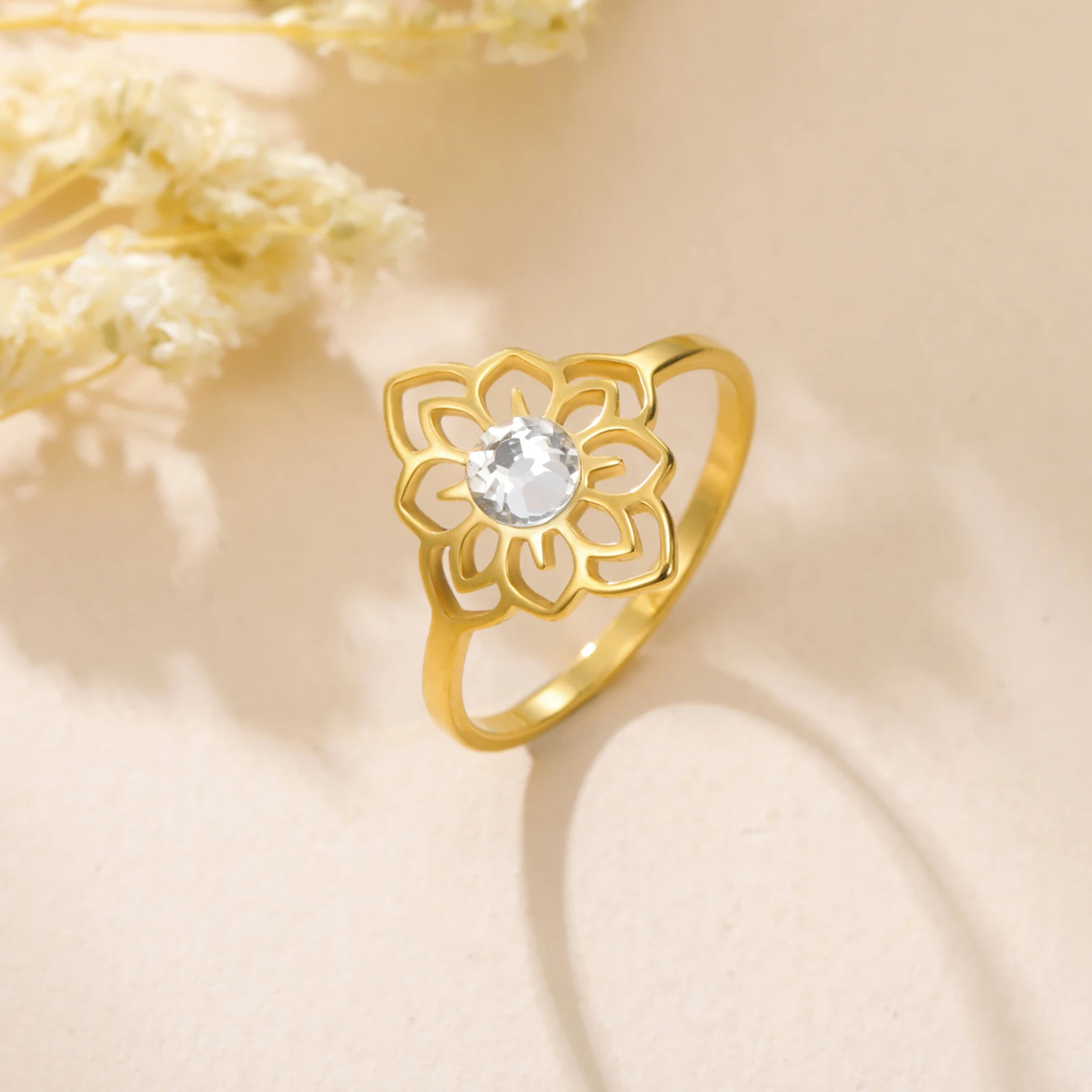 

Skyrim Lotus Flower Ring With Clear Zircon Stainless Steel Women's Finger Rings Buddhism Amulet Jewelry Wedding Gift Wholesale