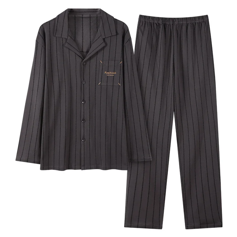 Pajamas Suit Men Pure Cotton Long-sleeved Striped Printed Cardigan Sleepwear Winter Soft Breathable Homewear Men Loungewear Set - Image 4