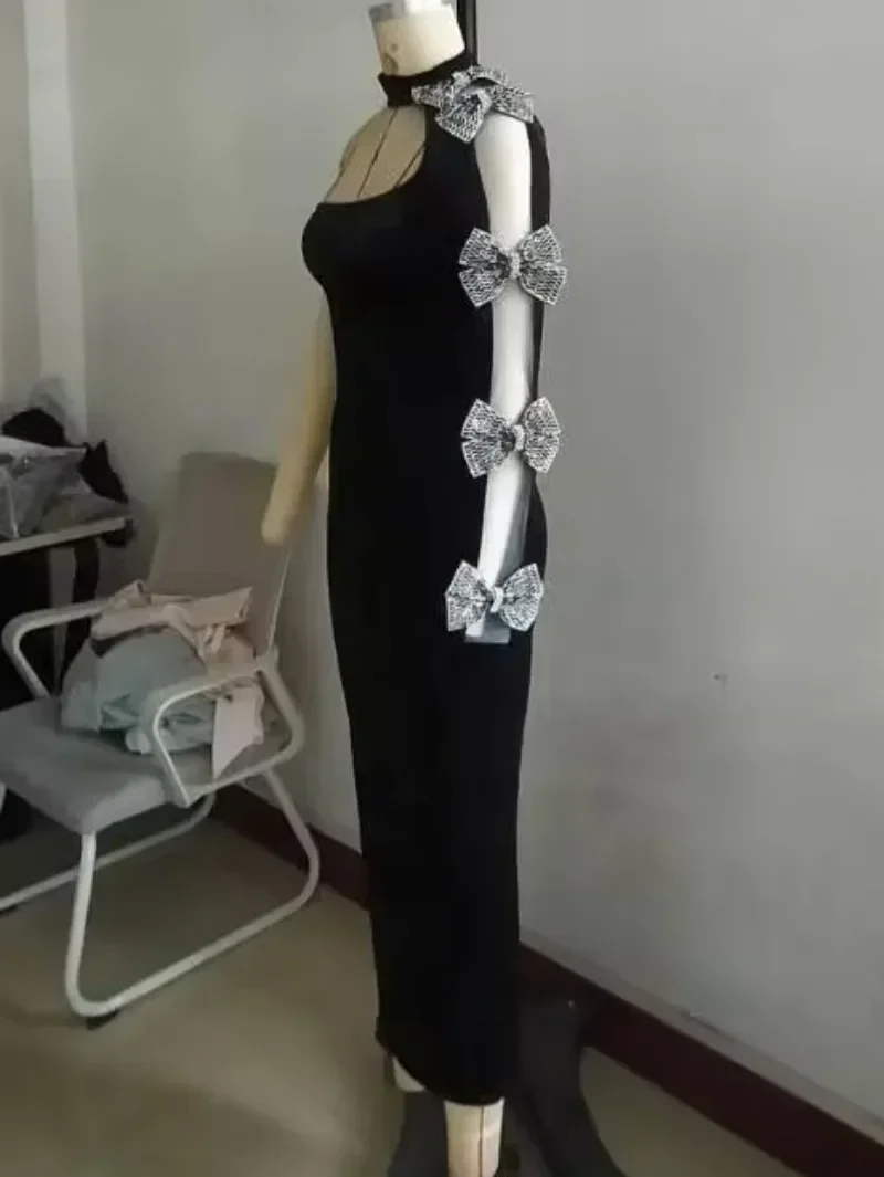 GUWU Sexy Een Schouder Fluwelen Maxi Jurk Vrouwen Avond Nachtclub Party Halter Lange Mouw Strikje Prom Elegante Lange Jurken