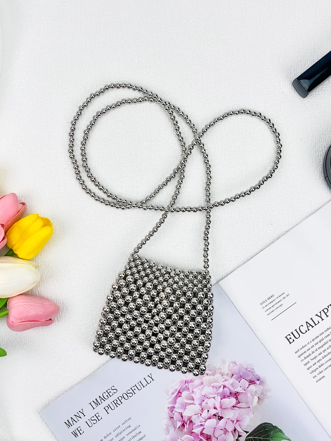 Portable Mini Beaded Women's Compact Capacity Lipstick & Key Ring Round Bead Handcrafted Chain Crossbody Bag