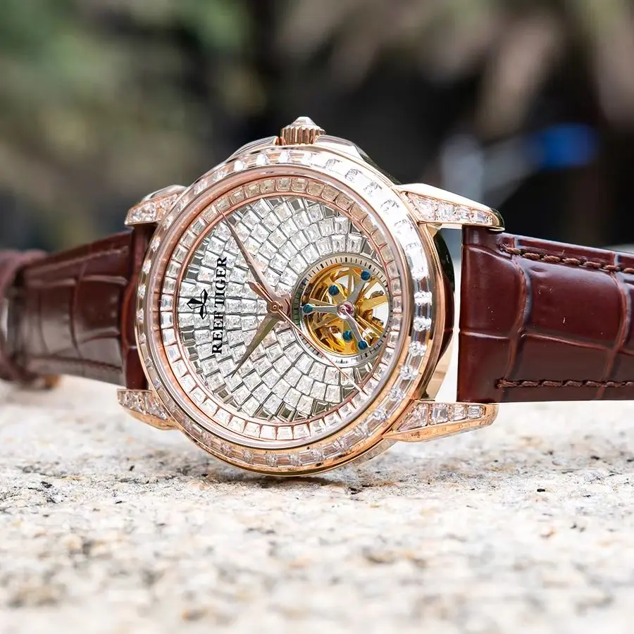 

Reef Tiger Men Automatic Watch Luxury 41.5mm Mechanical Wristwatch Luminous Skeleton Full Crystal Dial Sapphire Mirror
