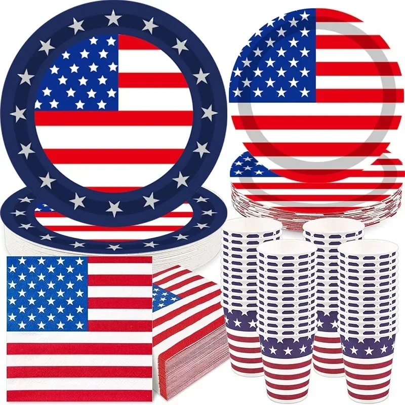 8 Guests Independence Day Disposable Tableware American Flag Paper Plates Cups Napkins Happy Fourth Of July Party Supplies