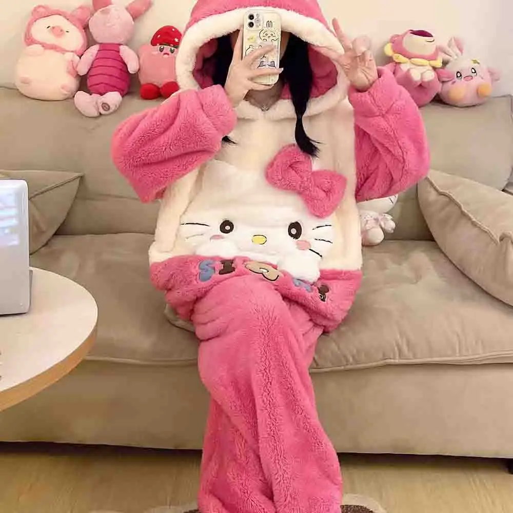 Hello Kitties Kuromi Women's Cartoon Long Sleeve Warm Coral Velvet Pajama Girl Cute and Comfortable Warm Home Clothing Set Gift - view 2