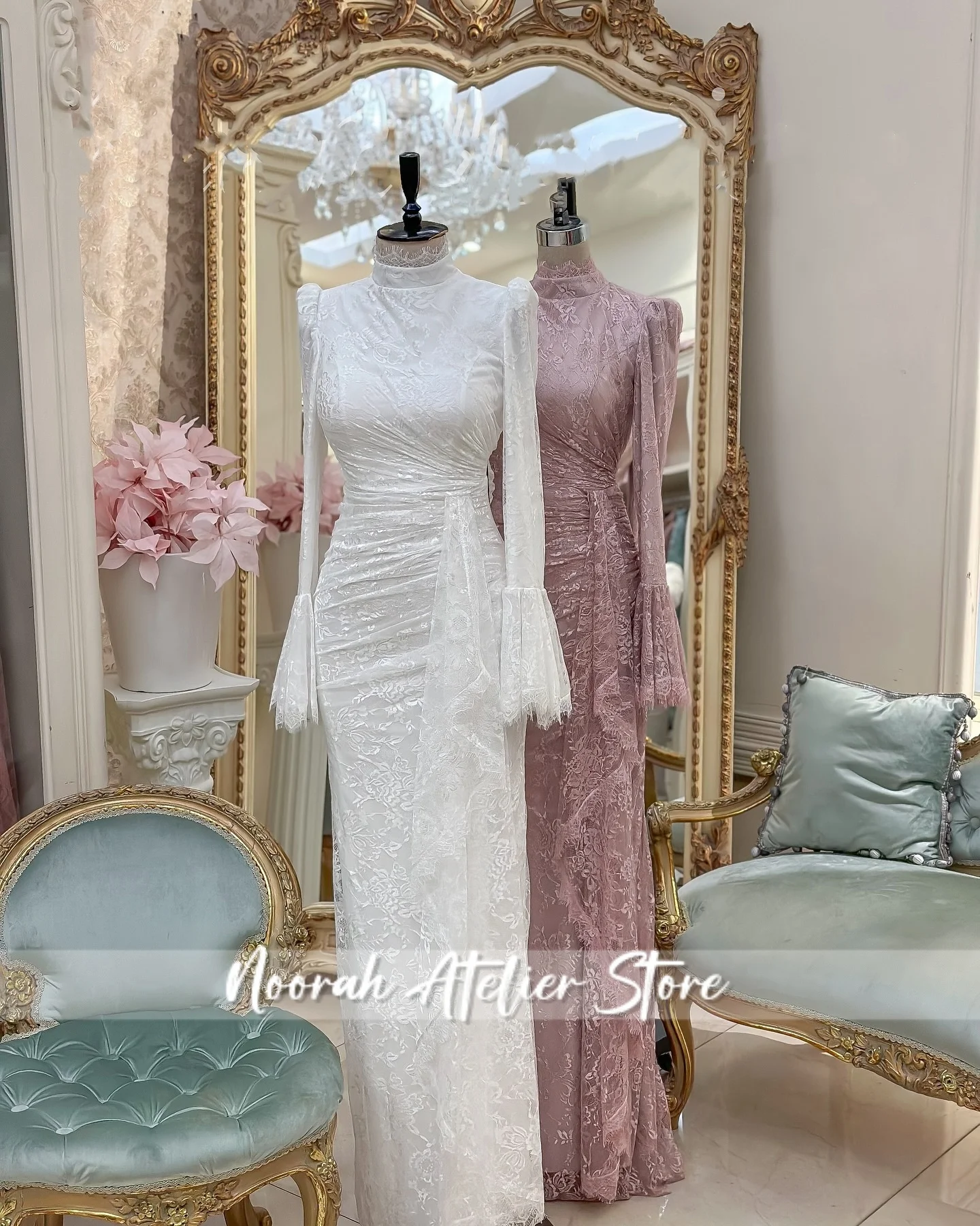 فساتين سهرة نسائية أنيقة من الدانتيل الأبيض H N بأكمام طويلة عالية الجودة 2025 ثنيات لحفلات الزفاف فستان طويل مخصص