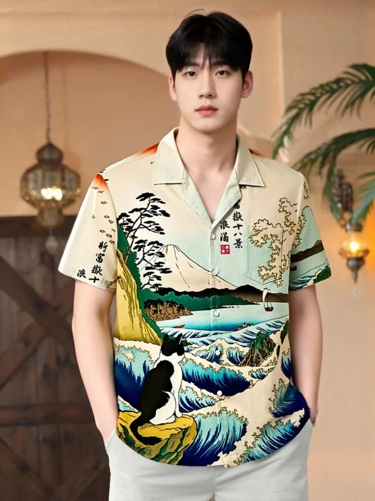 

Рубашки Aloha с богемным принтом кота, повседневные топы с кубинским воротником и пуговицами с короткими рукавами, винтажные летние 2021, шикарные блузки с карманами