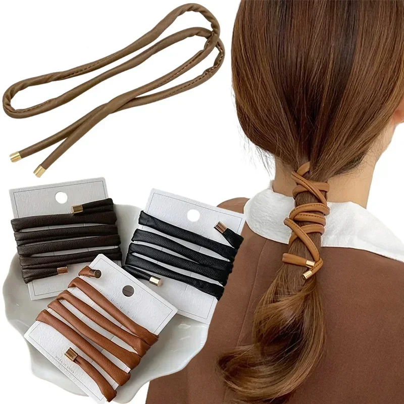 2pcs girls Designer Leather Hair Rope Scrunchies INS Long Wire Hair Ties Braided Headband Ponytail Holder for Women Accessories