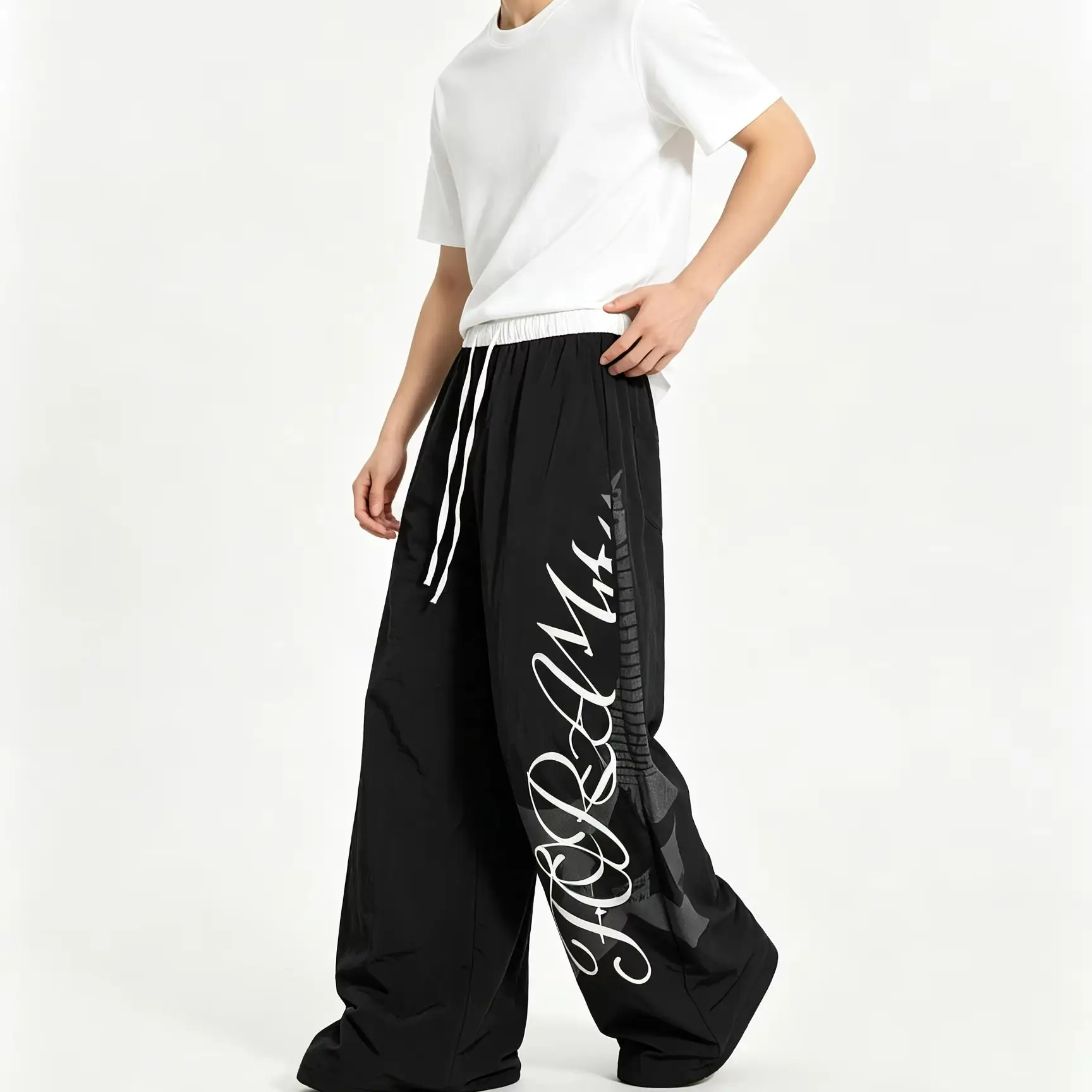 American Trend Star Letter Print Parachute Pants Oversized Wide Leg Drawstring Trousers Men Women Casual Streetwear Baggy Pants
