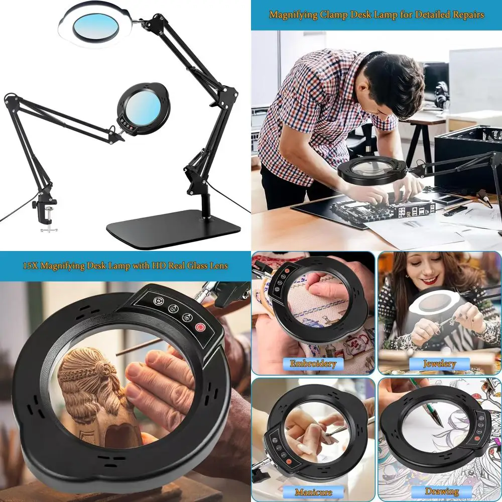 

Metal Base 15X Magnifying Desk Lamp with 5 Color Modes, 10 Brightness Levels, and 360° Rotatable Arms for Reading, Crafting, and