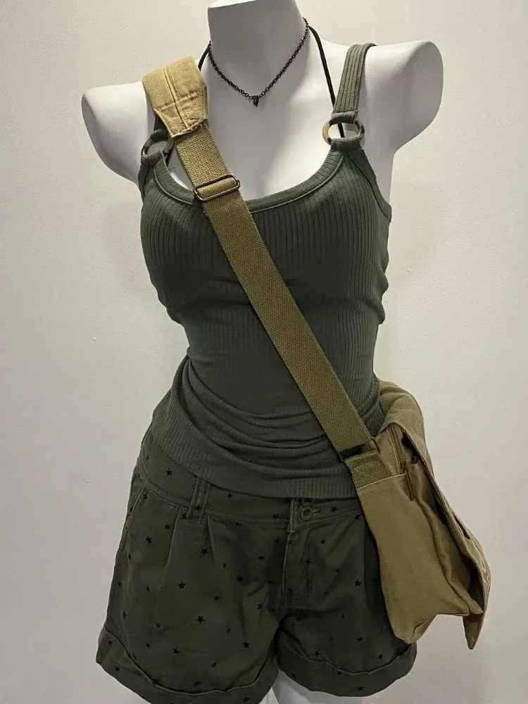 Streetwear Green Women Backless Camisole Vintage Hollow Out Tank Top 2025 Summer Grunge Sexy Y2k Aesthetic Cropped Bodycon Vest