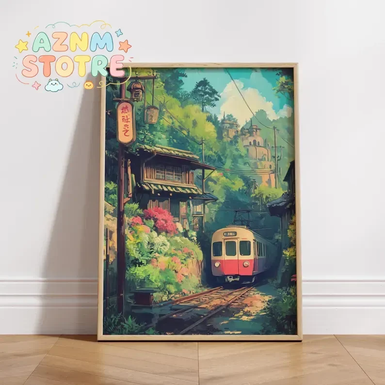 Anime Style Train Journey Canvas Poster Japanese Train Travel Natural Wall Art Poster for Modern Living Room Bedroom Home Dec