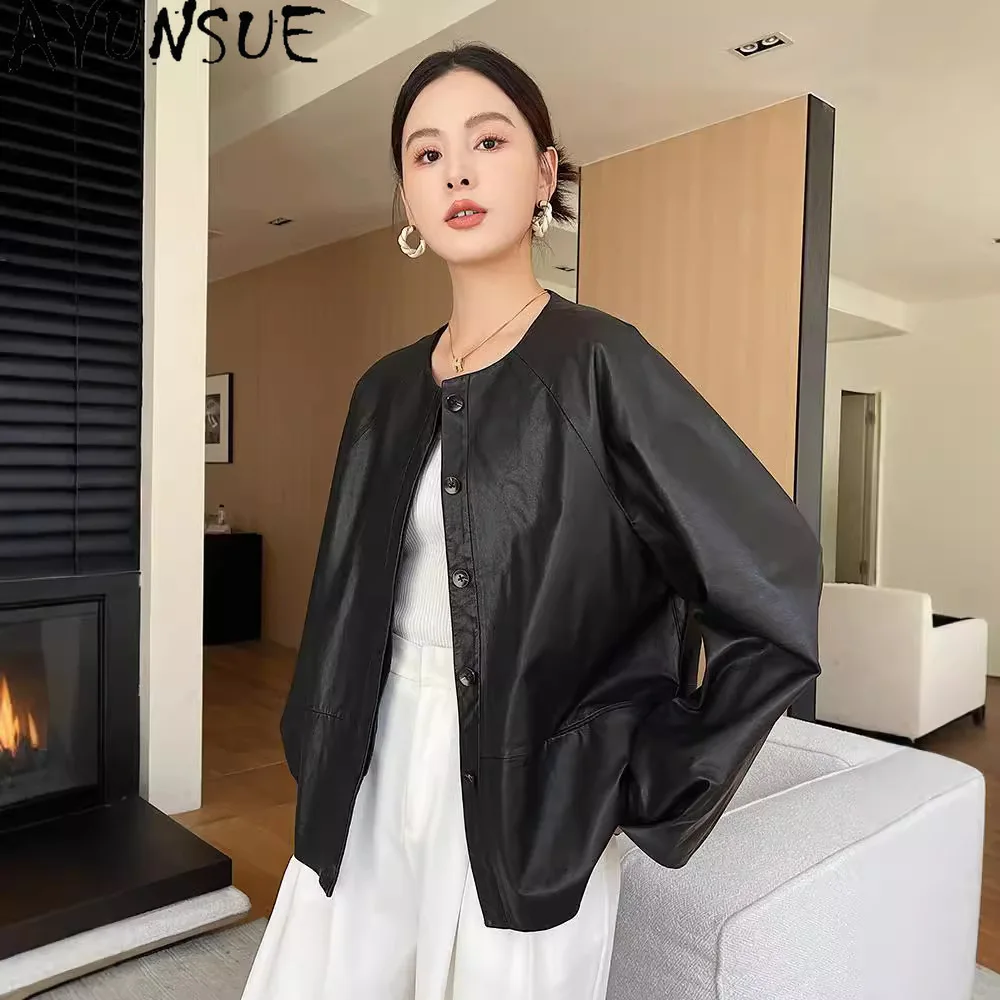 AYUNSUE Genuine Leather Jacket Women 2025 Real Sheepsrekin Womens Jackets Black Spring Autumn Clothes Loose Fit Косуха Женская