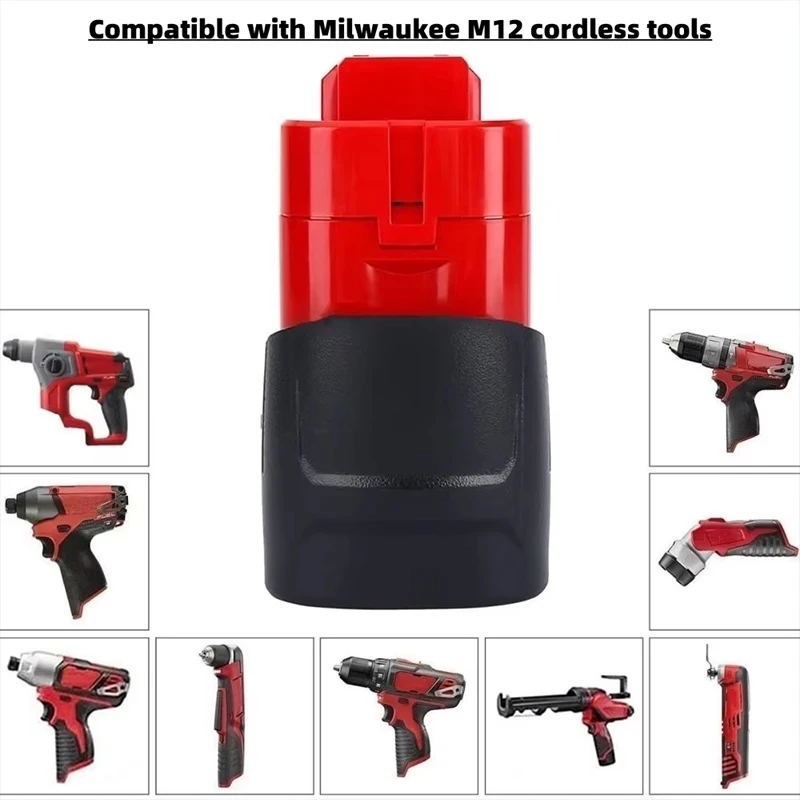 12V rechargeable battery For Milwaukee M12 tools. Compatible with 48-11-2402, 48-11-2411, and 48-11-2401MIL-12A-LI 12V