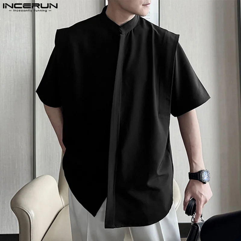 2024 Men Shirt Solid Color Stand Collar Short Sleeve Streetwear Men Clothing Summer Korean Style Fashion Casual Shirts INCERUN