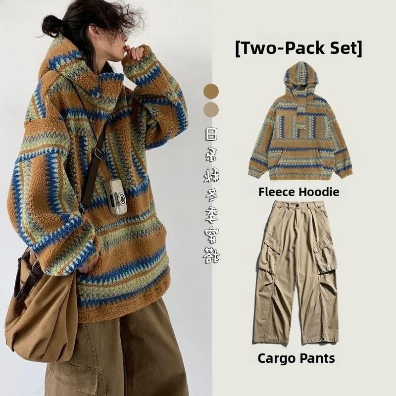 

Осень-зима, этническая толстовка в стиле ретро, одинаковый цвет, толстовка с мехом ягненка, свободный индивидуальный топ с капюшоном Jaet