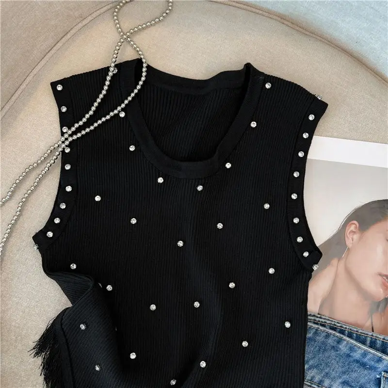 سترة نسائية مرصعة بالألماس بتصميم الربيع والصيف، بلوزة بدون أكمام بشرابة غير منتظمة متعددة الاستخدامات للملابس الخارجية