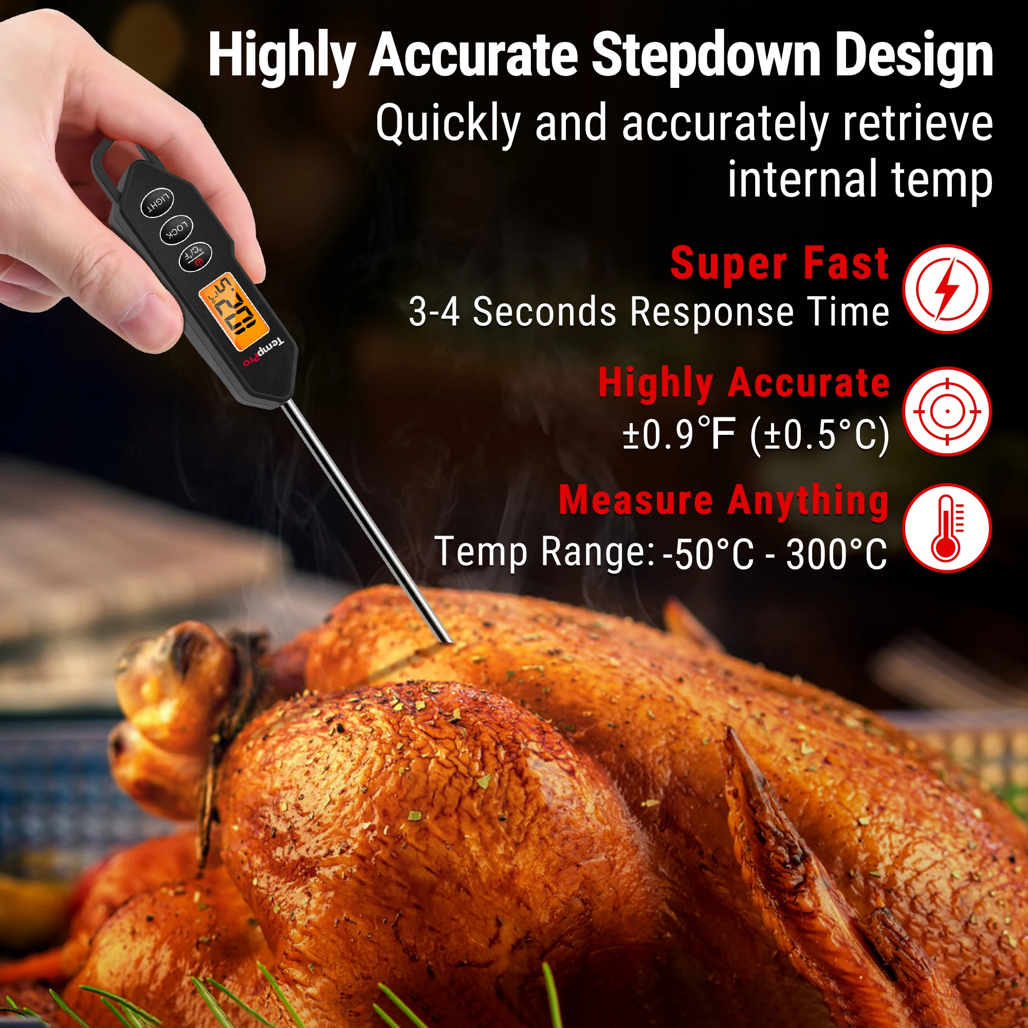 TempPro TP01HW Instant Read Meat Thermometer Digital Kitchen Cooking Food Thermometer LCD Backlight Magnetic BBQ Grill Oven