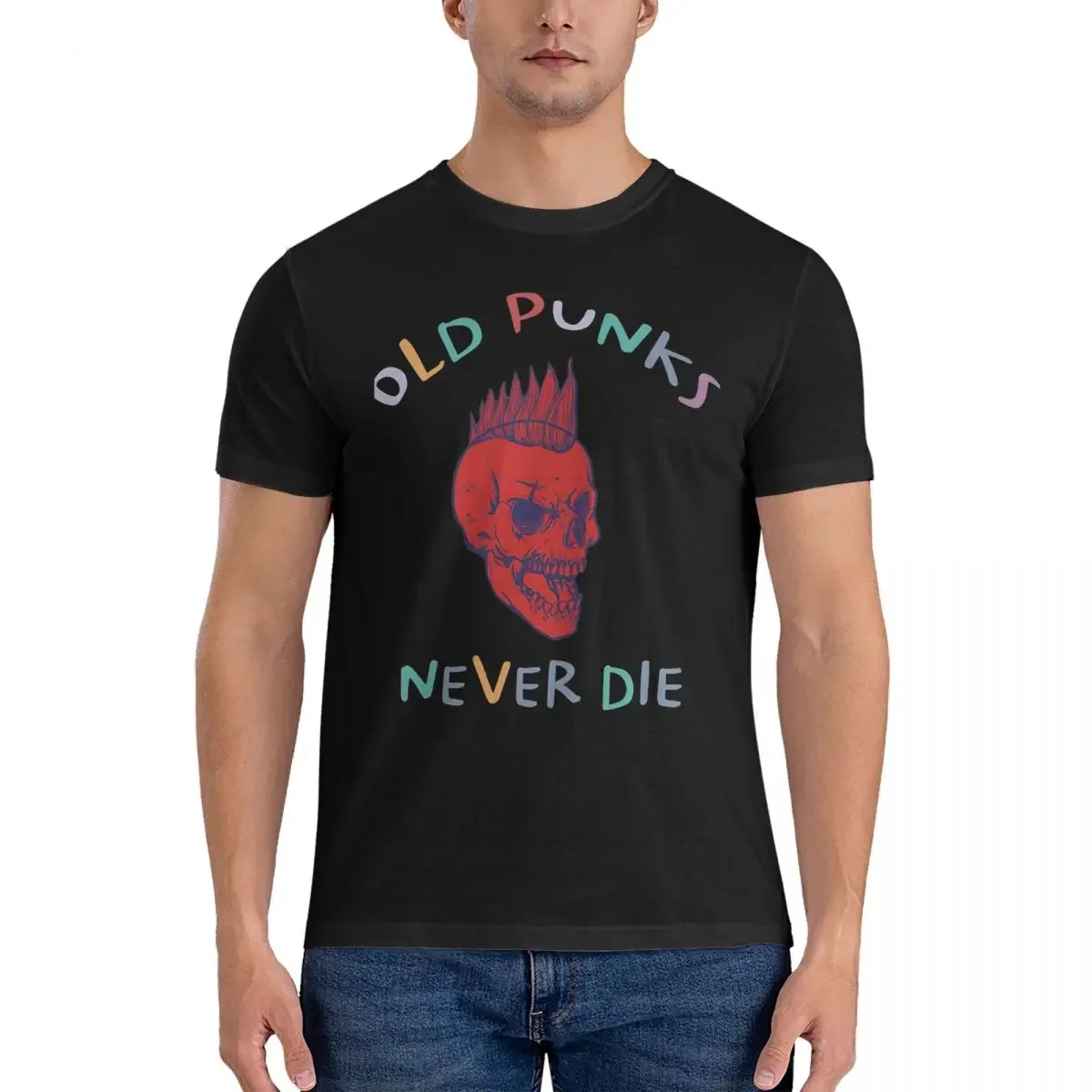 

LOGO T-Shirts Men Old Punks Never Die Funny Pure Cotton Tee Shirt Round Collar Short Sleeve T Shirts Unique Tops