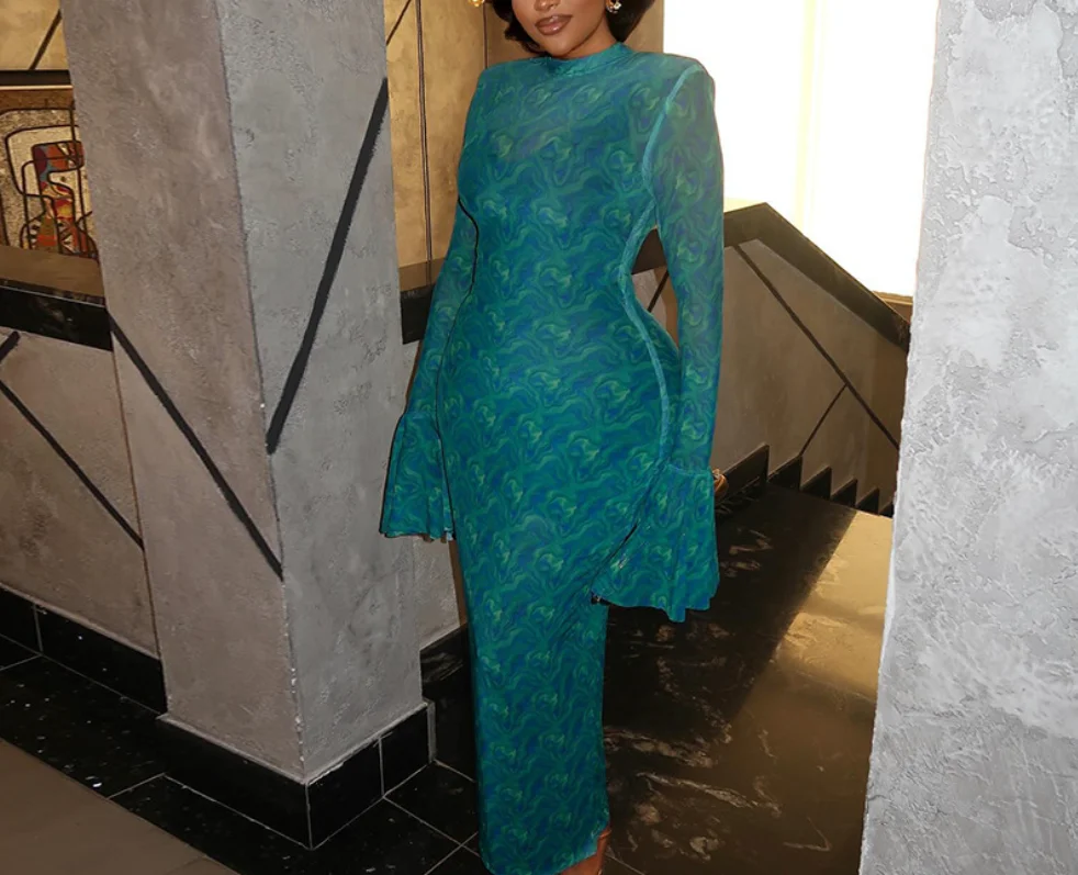 

Summer New Retro Elegant Style Cloud Print Perspective Sexy Design Half High Neck Slim Fit Trumpet Sleeve Wrapped Hip Dress