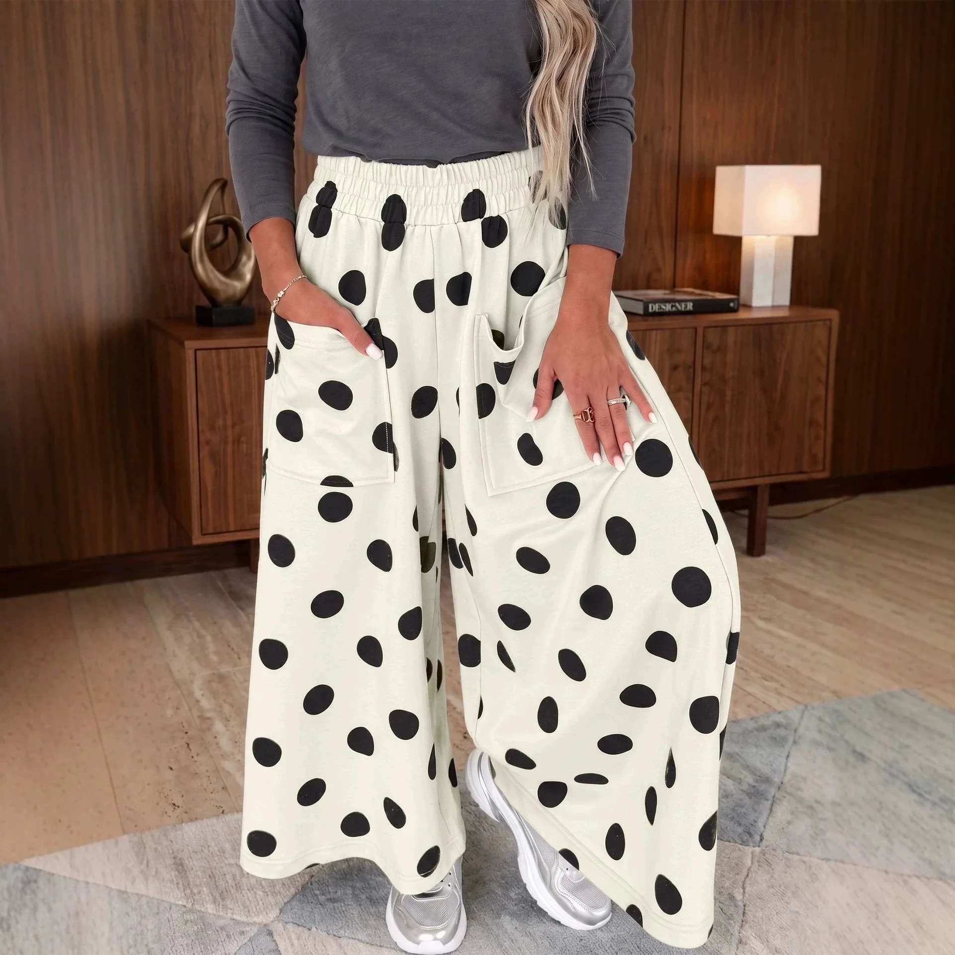 Women High Waist Polka Dot Wide Leg Pants Simple Black White Contrast Drawstring Loose Straight Trousers Casual Home Sleep Pants