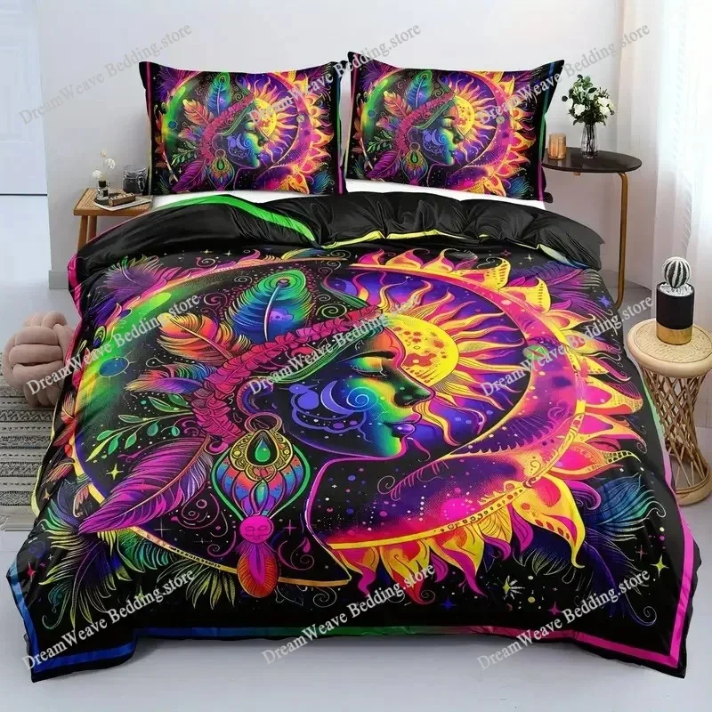 Boho Sun and Moon Duvet Cover Set Black White Floral Bedding Set Bohemian Exotic Comforter Covers Queen Bedroom Decor All Season