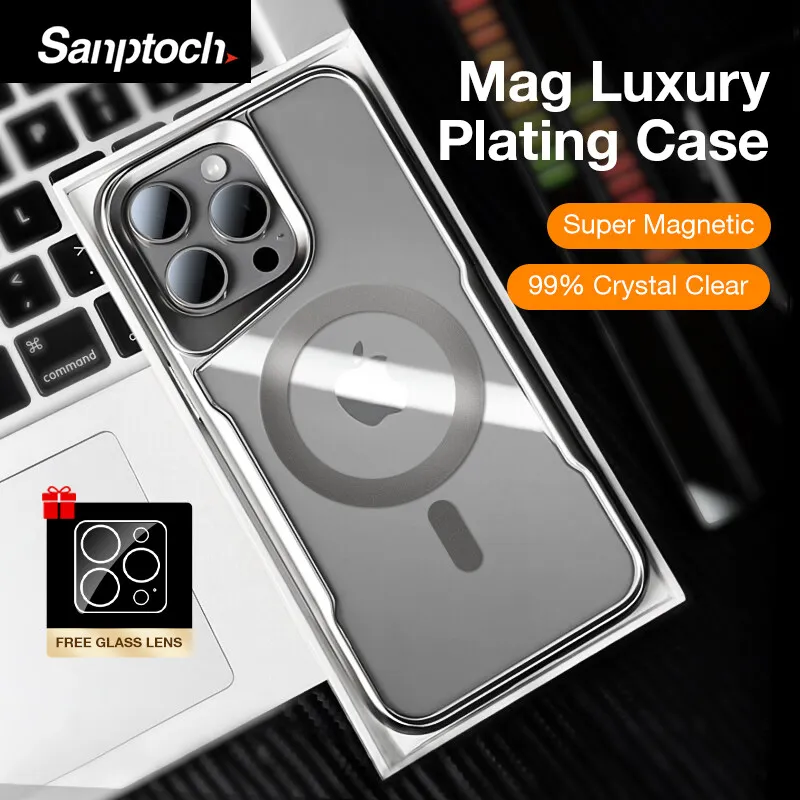 

Luxury Plating Magnetic Phone Case For iPhone 12 13 14 15 16 Pro Max Plus Magsafe Transparent Military-grade Shockproof Cover